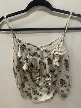 LC Lauren Conrad Cream Floral Ruffle Cami with Navy and Red Accents